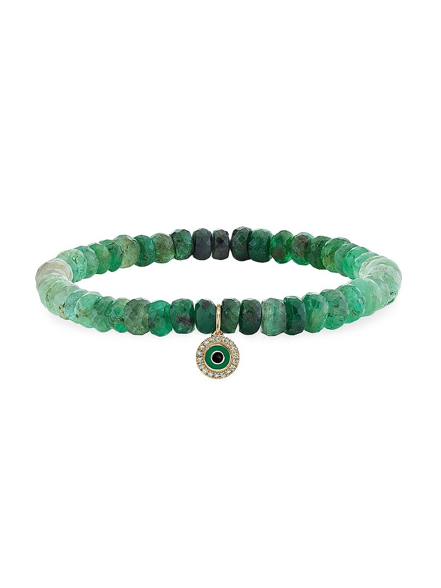Women's 14K Yellow Gold, 0.05 TCW Diamonds & Green Enamel Evil Eye Charm Bracelet - Emerald