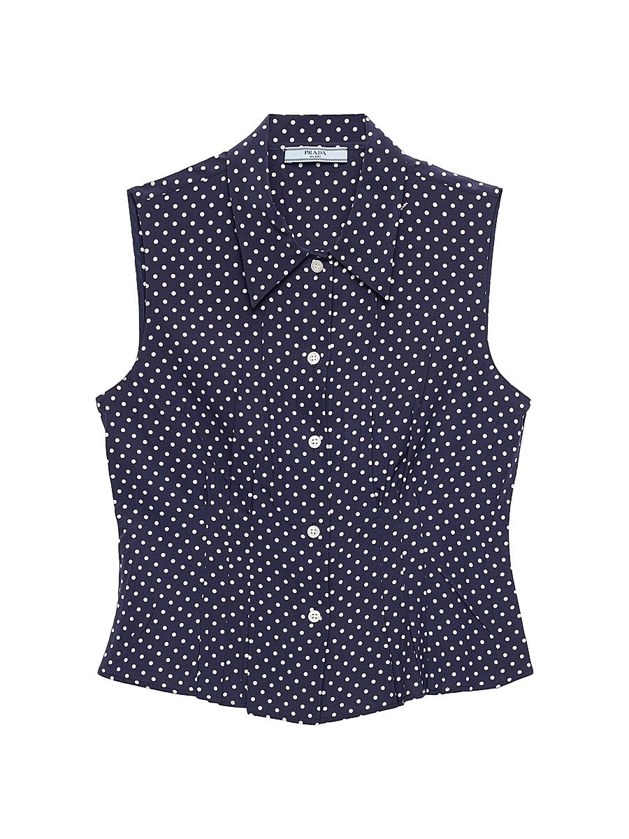 Women's Sleeveless Polka-Dot Marocain Silk Shirt - Blue - Size 10