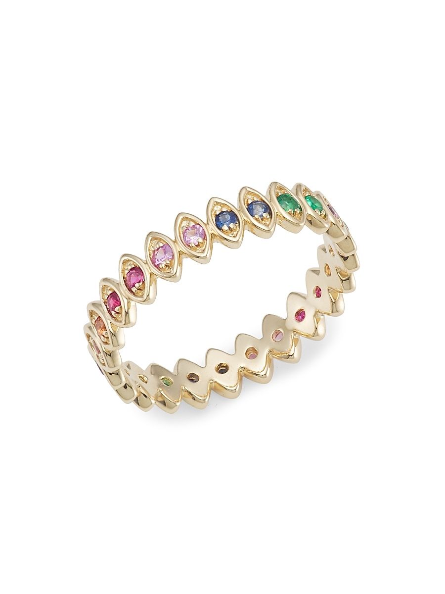 Women's 14K Yellow Gold & Rainbow Stone Evil Eye Ring - Yellow Gold - Size 7