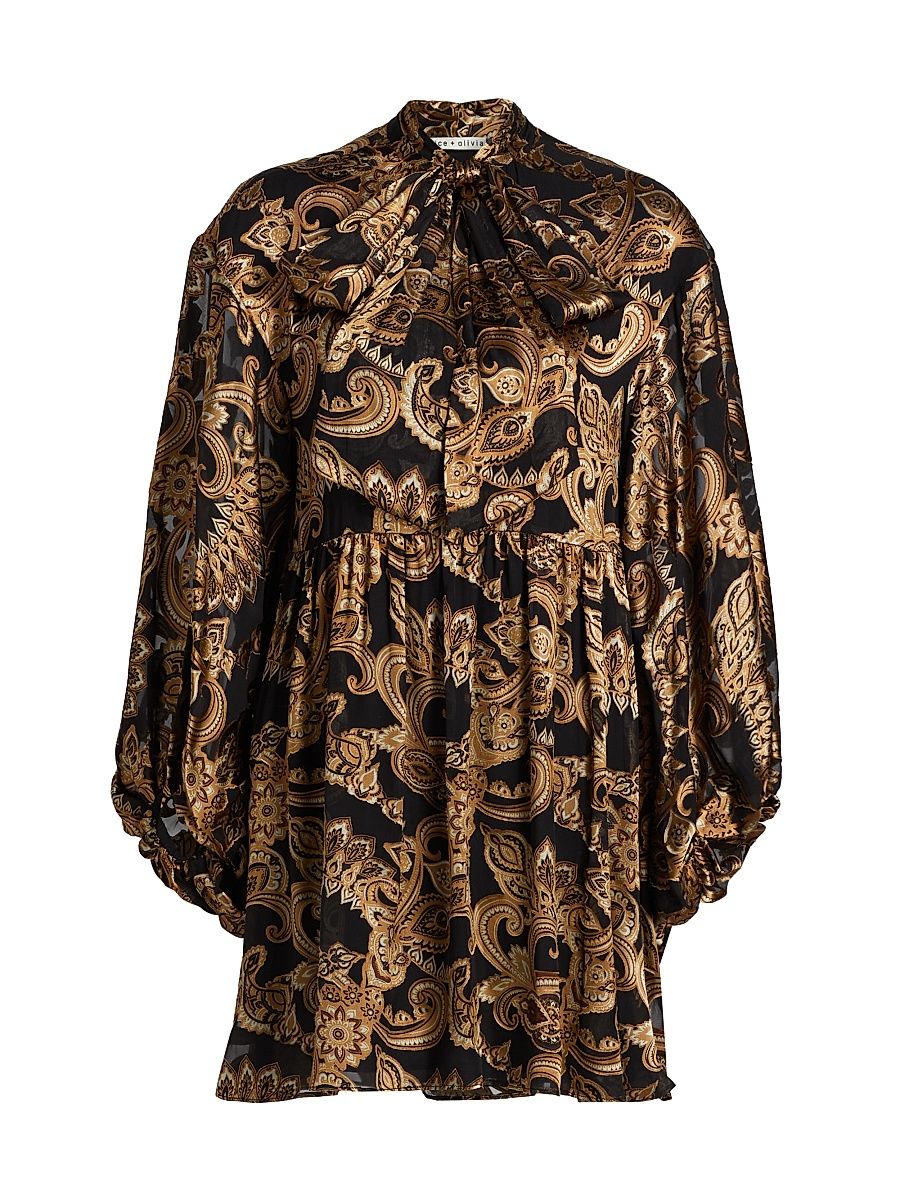 Women's Opal Paisley Balloon-Sleeve Tunic Minidress - Spring Paisley Black - Size Small
