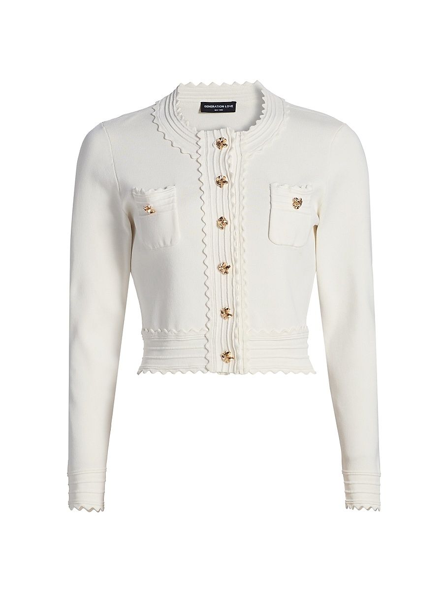 Women's Blossom Scallop Trim Crop Cardigan - White - Size XL