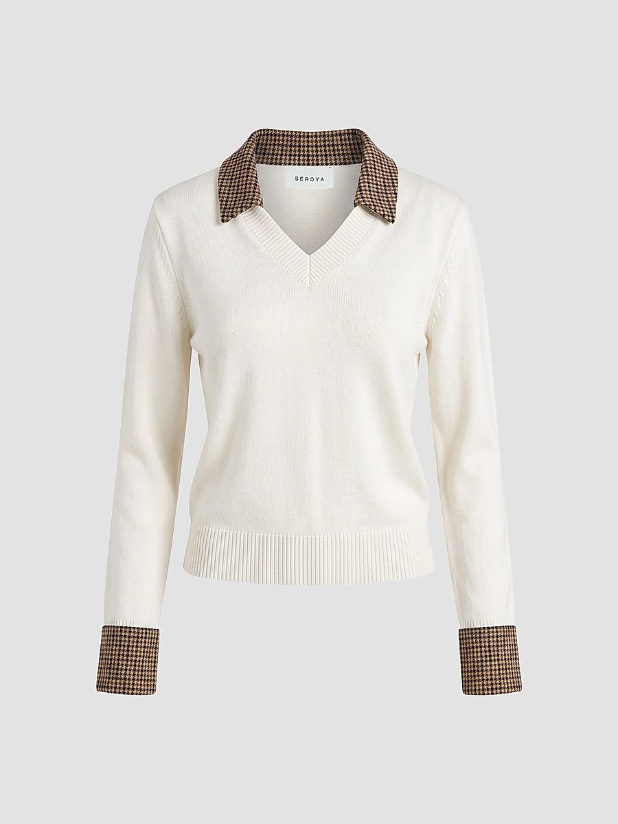 Women's Maia Houndstooth Shirt-Trim Knit Sweater - Eggshell - Size XL