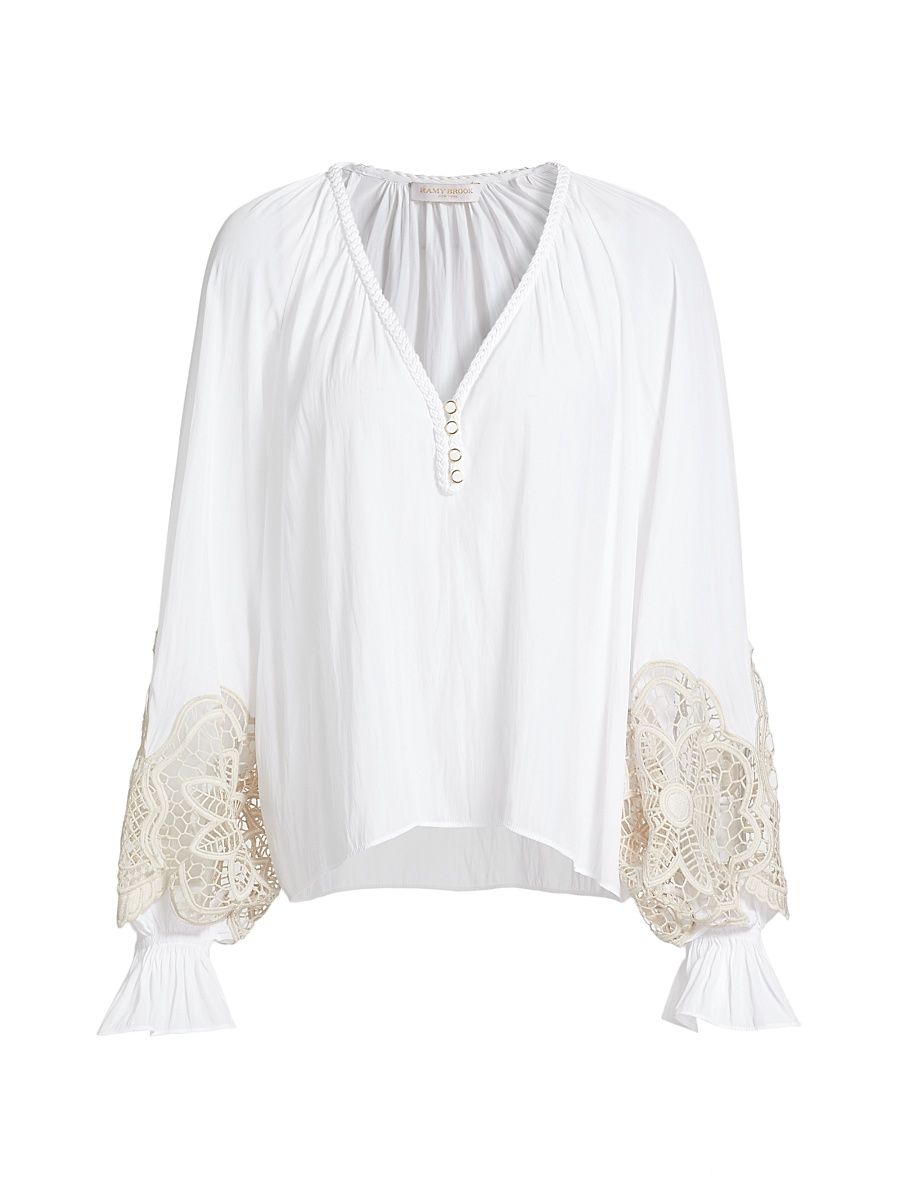 Women's Adelaide Lace-Trimmed Long-Sleeve Top - Ivory - Size Small
