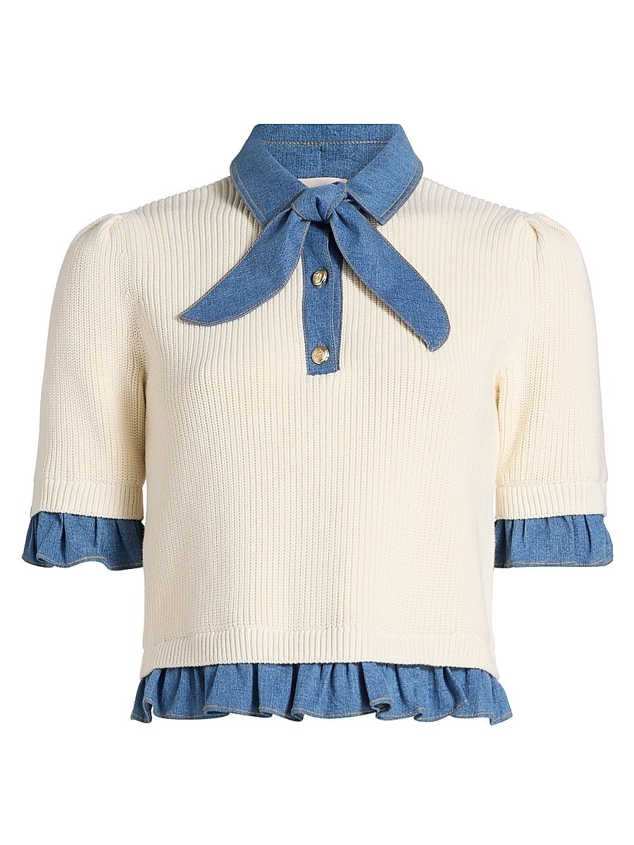 Women's Shelly Denim-Trimmed Sweater - Ivory Light Wash - Size XS