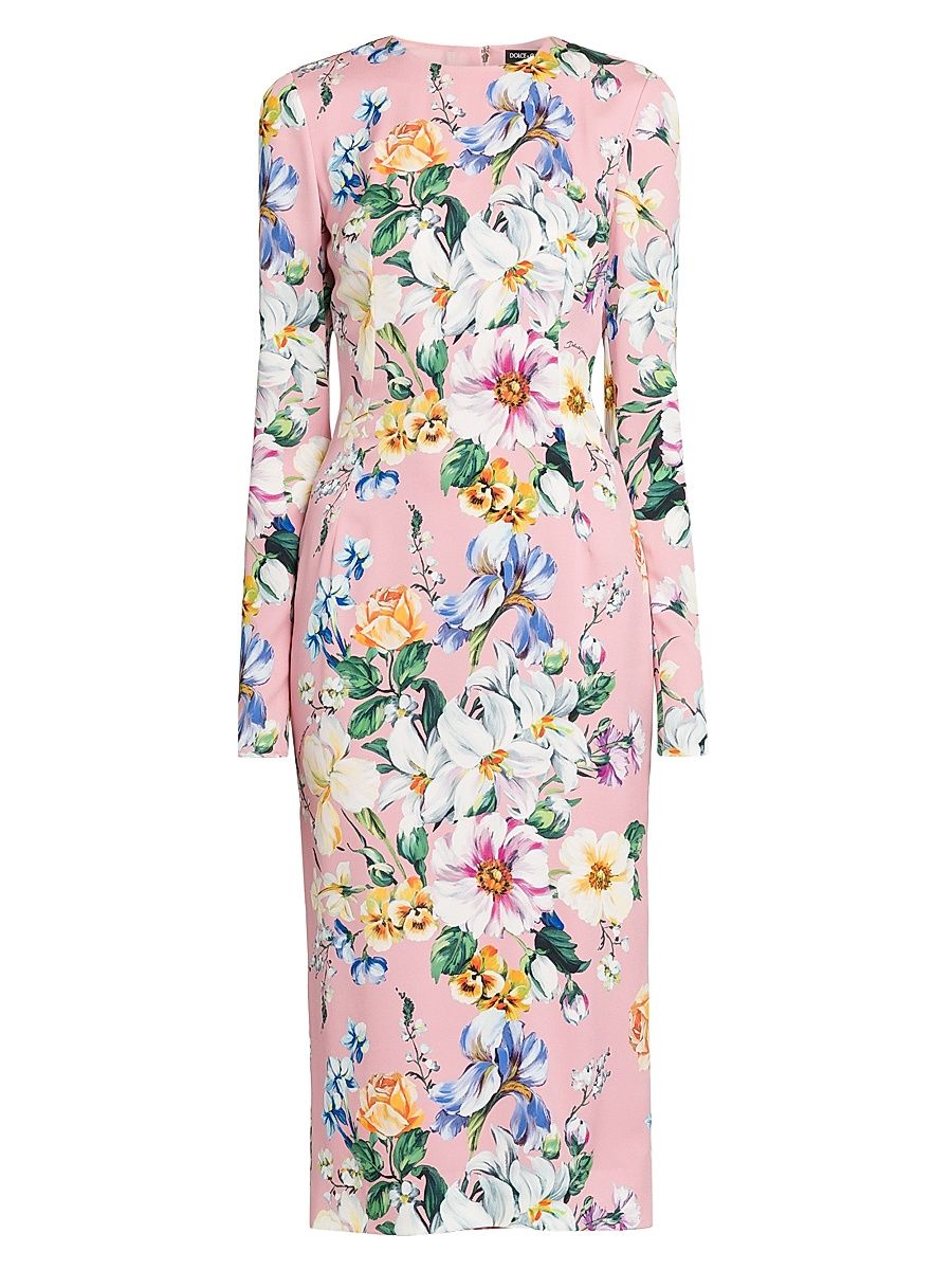 Women's Floral Stretch Silk Midi-Dress - Mix Fiori Rosa - Size 12