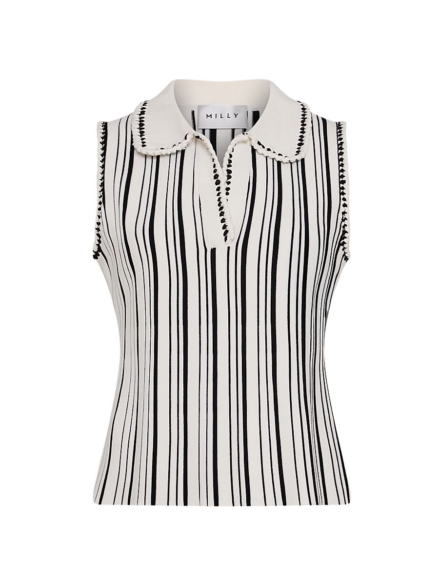 Women's Kaya Stripe Sleeveless Polo Top - Black White - Size XL