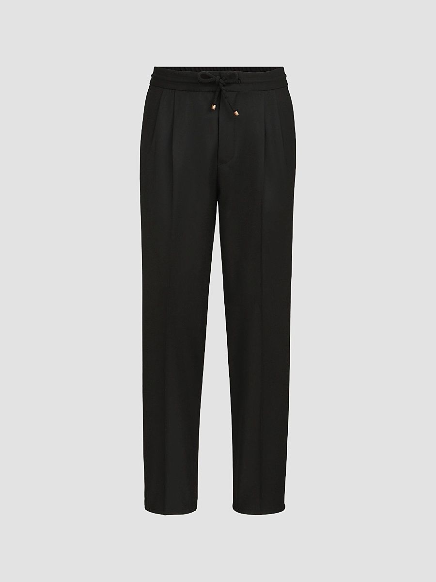 Men's Virgin Wool Flannel Trousers with Drawstring and Double Pleats - Black - Size 46