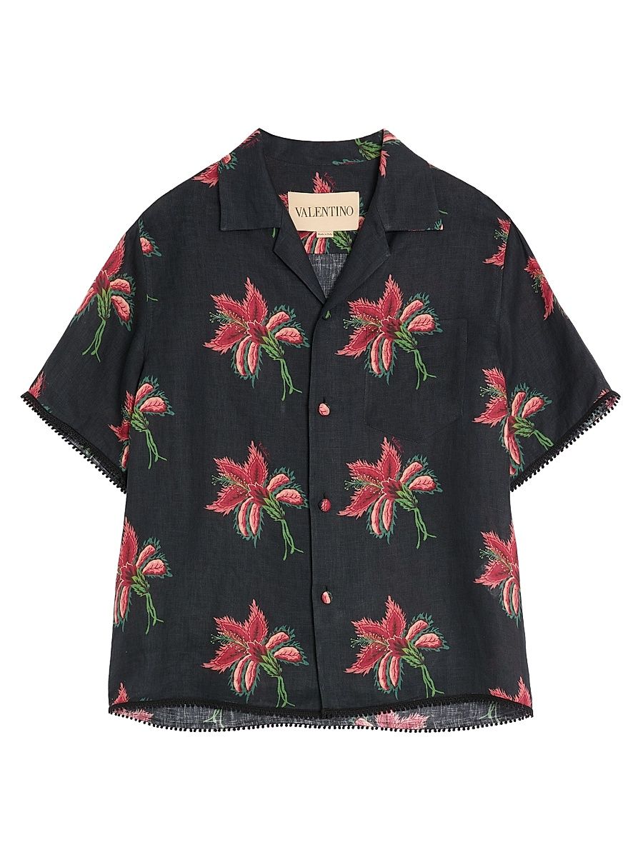 Men's Linen Bowling Shirt with Papier Floral Print - Black Red - Size 34