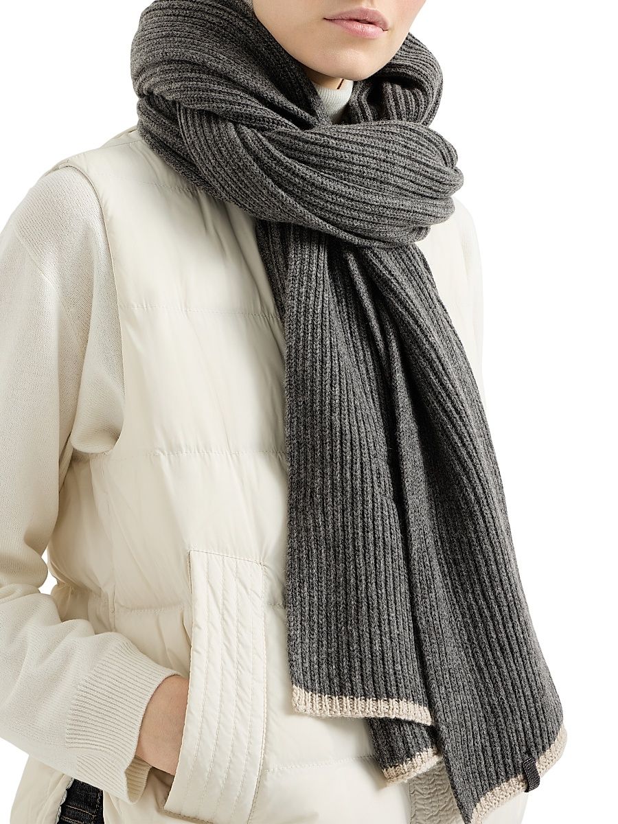 Women's Cashmere English Rib Knit Scarf with Monili - Light Grey