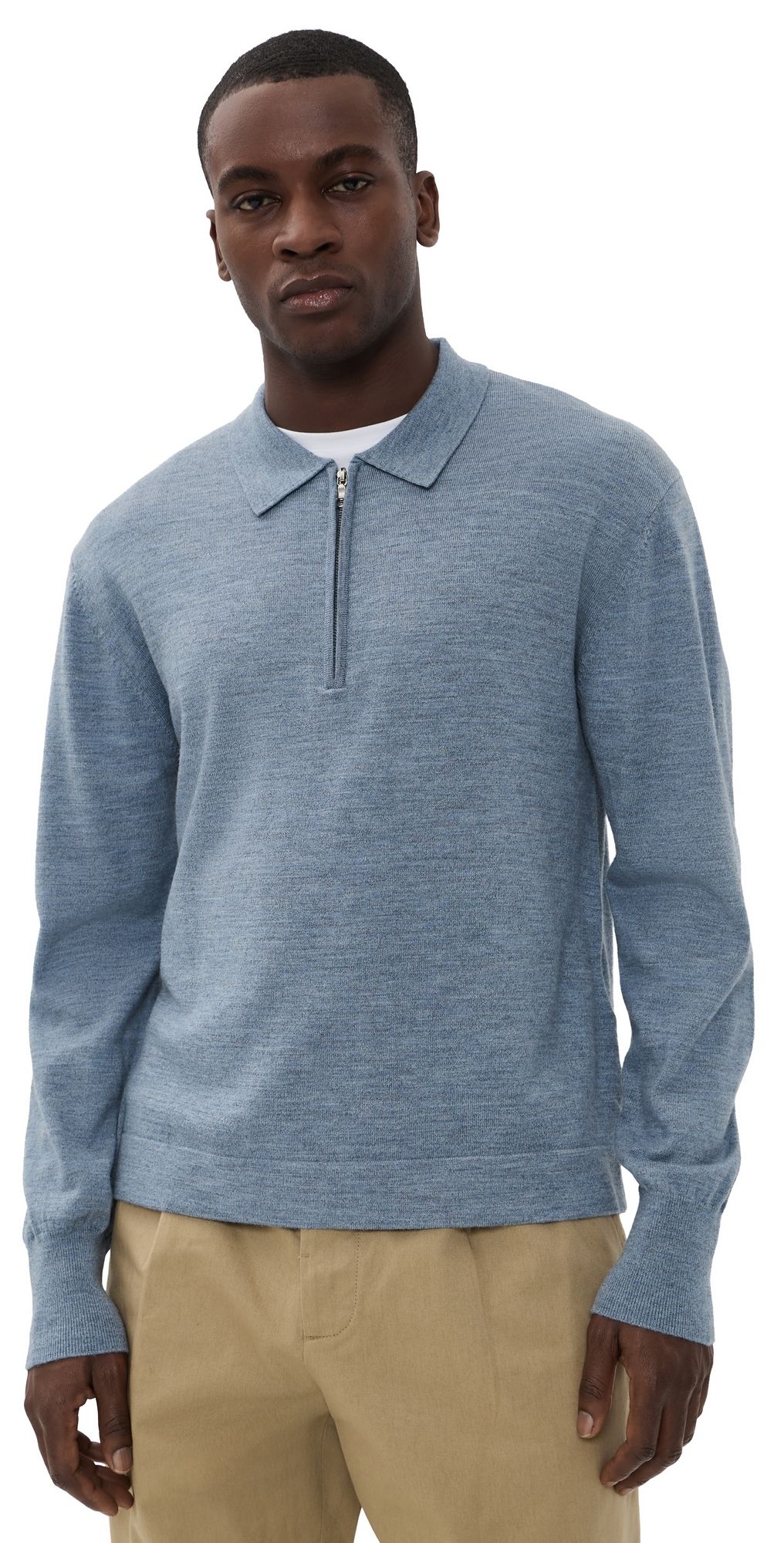 Officine Generale Bene Zip Wool Polo Heather Stone Blue XL