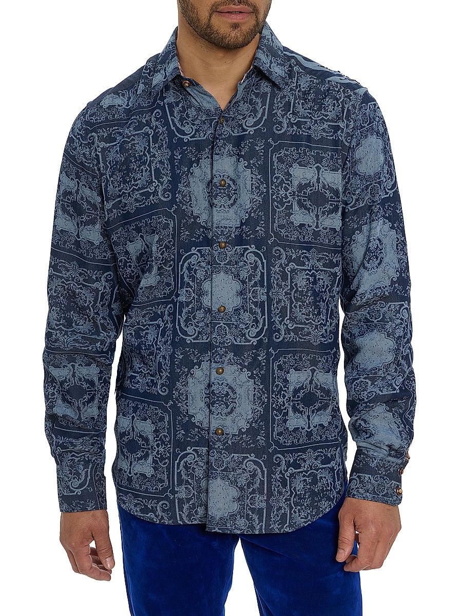 Men's Ikebana Damask Cotton Shirt - Indigo - Size XXXL