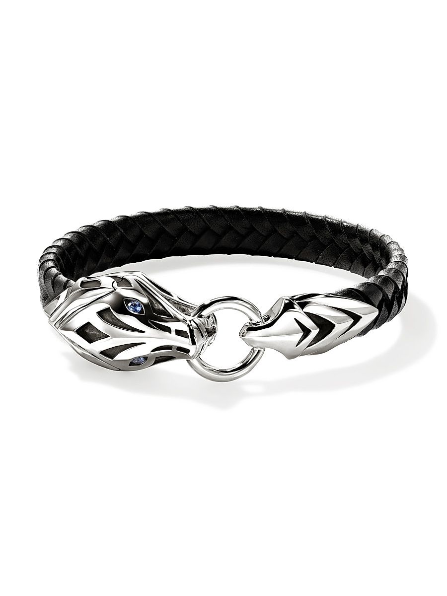 Men's Naga Sterling Silver, Leather & Blue Sapphire Bracelet - Silver - Size Large