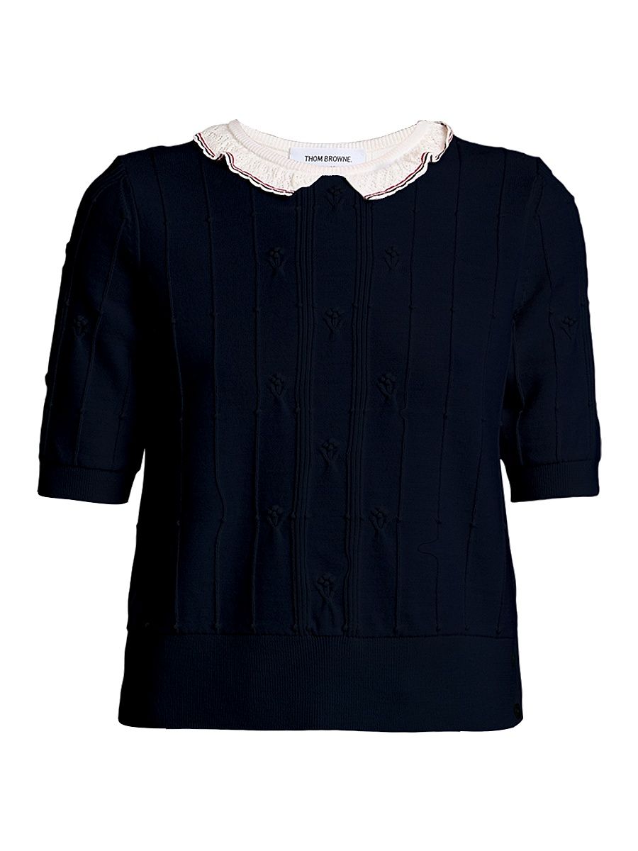 Women's Bobble-Stitch Lace-Trim Wool-Blend Short-Sleeve Sweater - Navy - Size 10