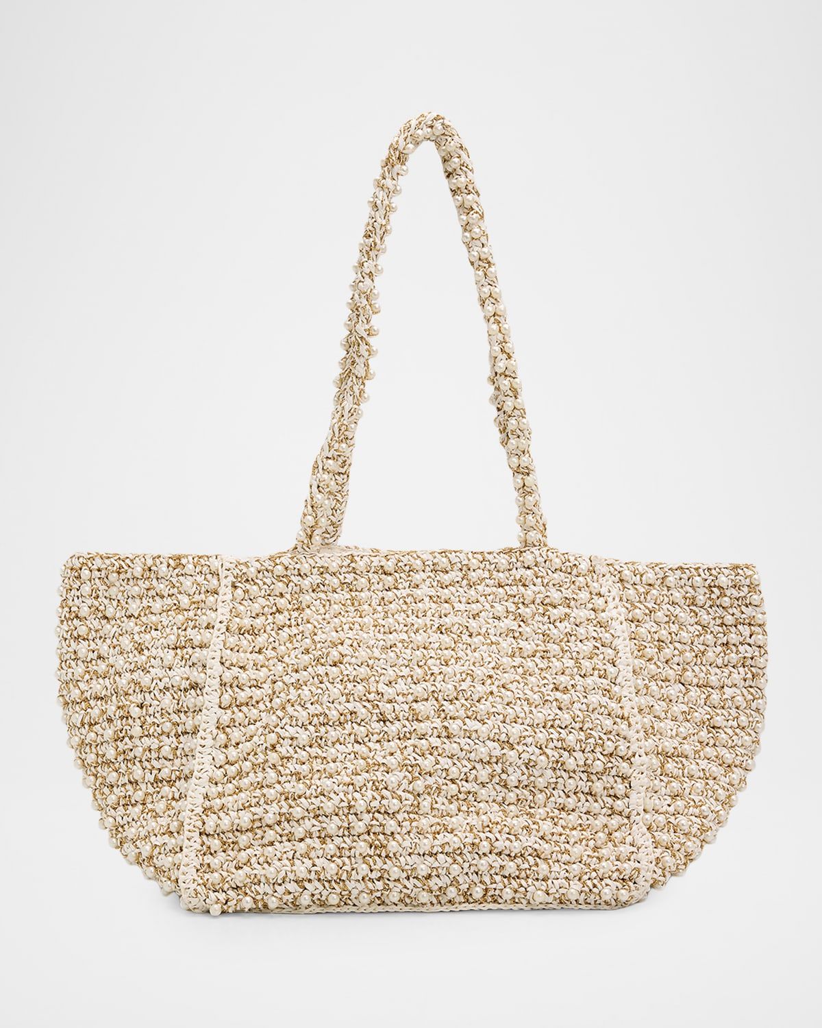 Metallic Pearl-Embellished Raffia Tote Bag