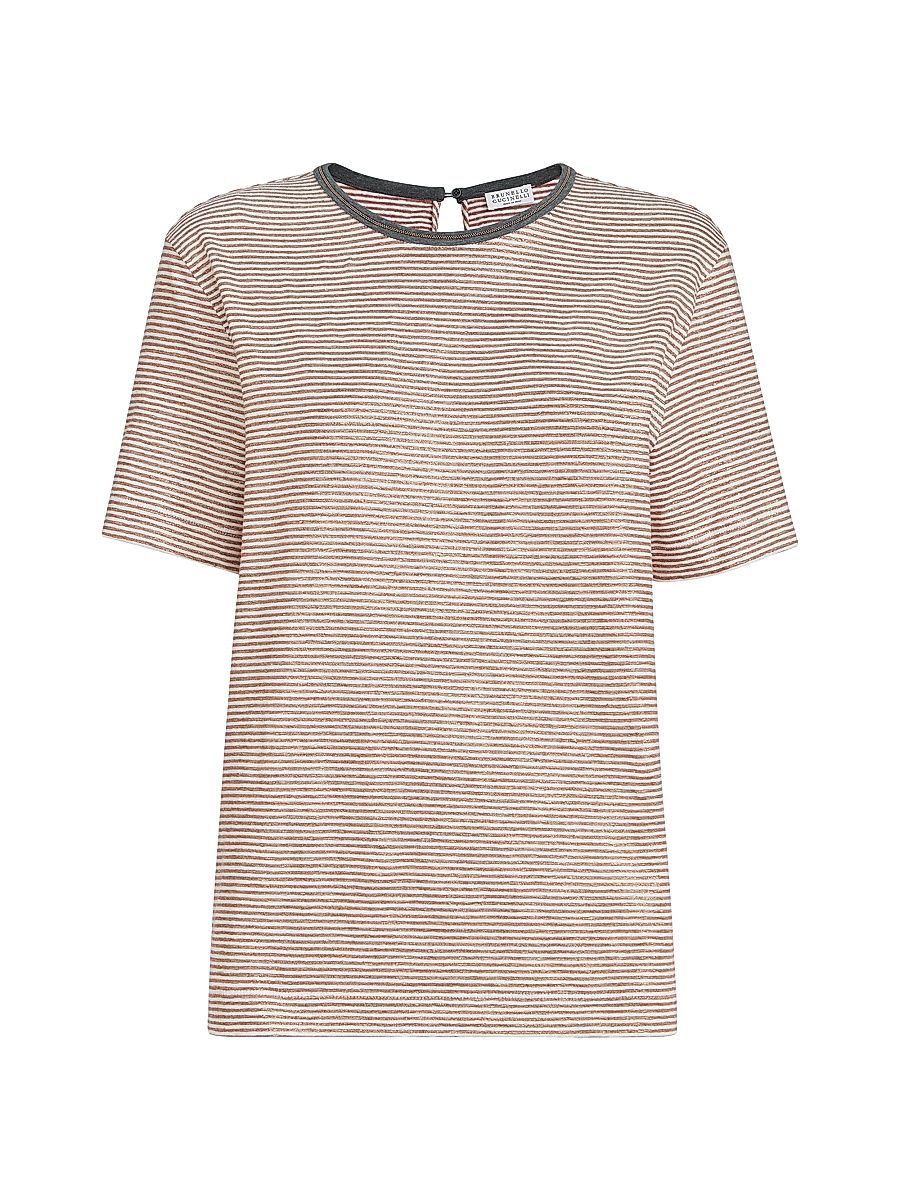 Women's Striped Linen Jersey T-Shirt with Shiny Trim - Orange - Size XXXL