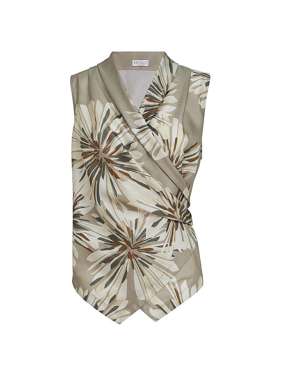 Women's Silk Bloom Print Pongee Vest Top - Khaki - Size XS