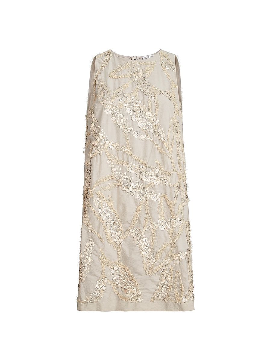 Women's Techno Cotton Poplin Mini Dress with Dazzling Seabed Embroidery - Beige - Size XXXL