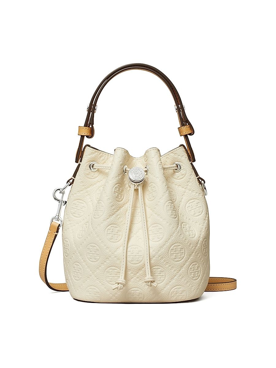 Women's Mini T Monogram Pebble Leather Bucket Bag - Warm White