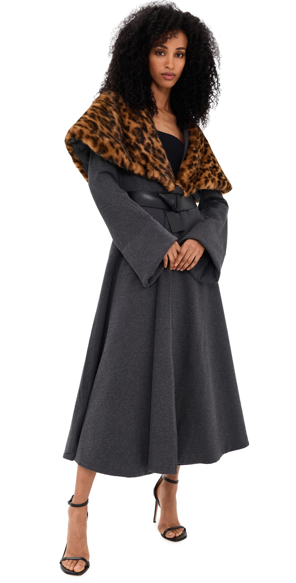 Norma Kamali Shawl Collar Peplum Coat Heather Grey/Spotted Animal M/L