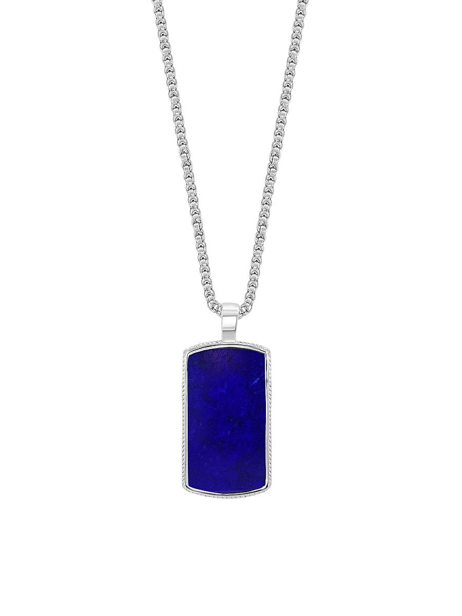 Men's 925 Sterling Silver & Black Agate Pendant Necklace - Silver Lapis
