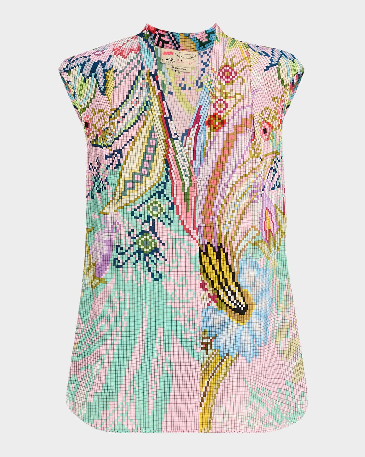 Digital-Print V-Neck Cap-Sleeve Silk Blouse