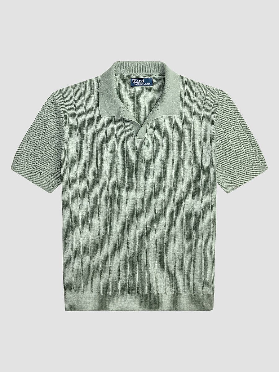 Men's Linen Rib-Knit Short-Sleeve Polo Sweater - Light Green - Size Large