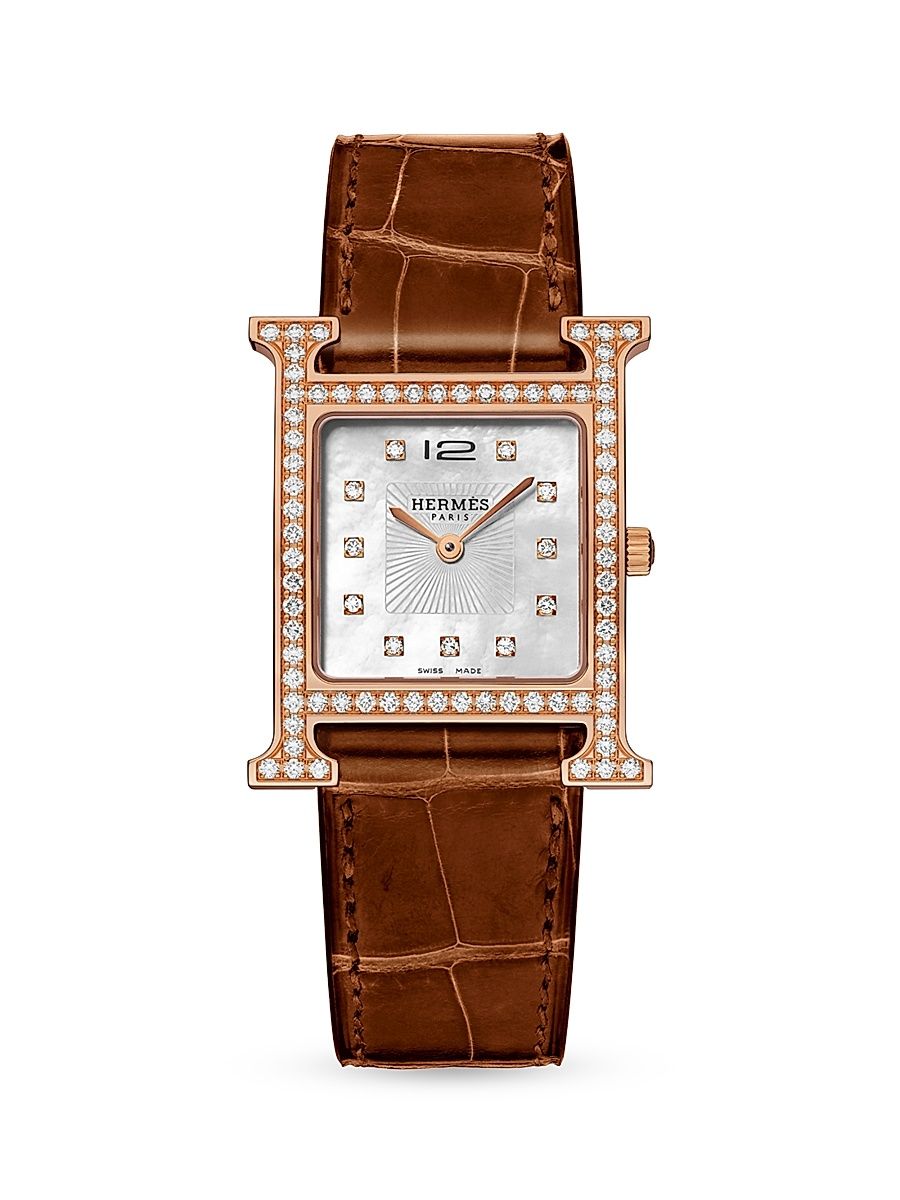 Women's Heure H Diamond 30 MM 18K Rose Gold & Alligator Strap Watch - Rose Gold