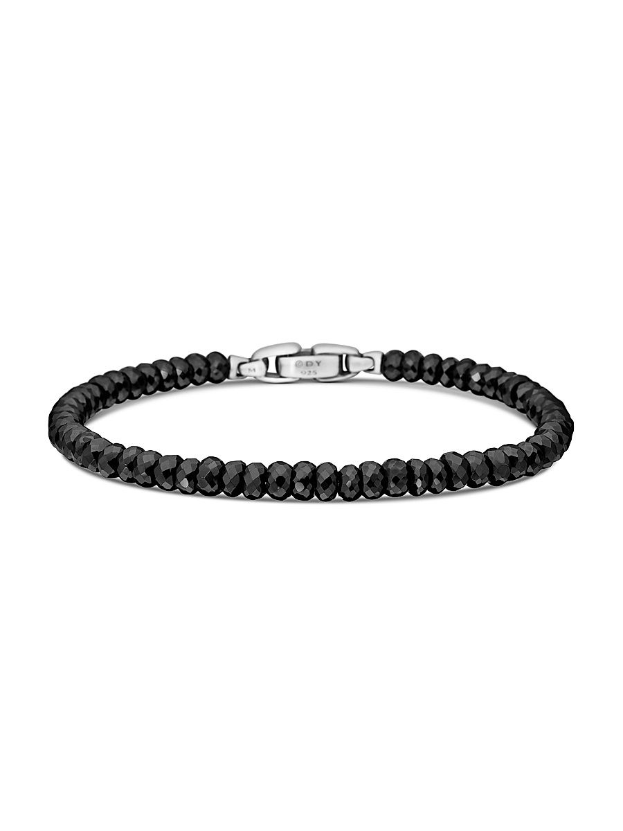 Men's Spiritual Beads Faceted Bracelet in Sterling Silver - Black Spinel - Size Small