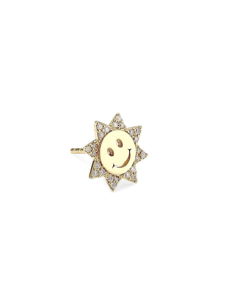 Women's 14K Yellow Gold & Diamond Happy Face Single Stud Earring - Gold