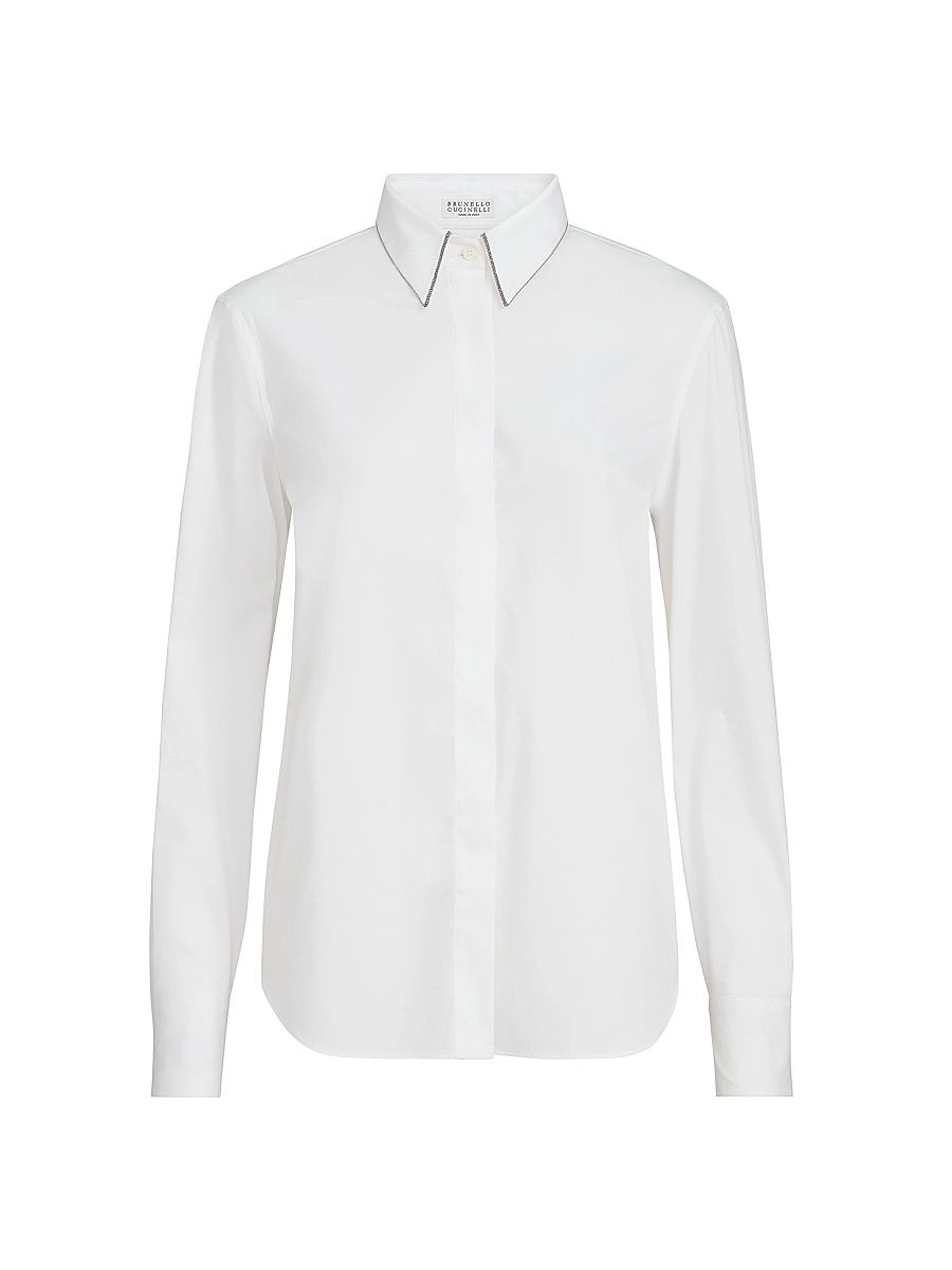 Women's Stretch Cotton Poplin Shirt with Shiny Collar - White - Size XXXL