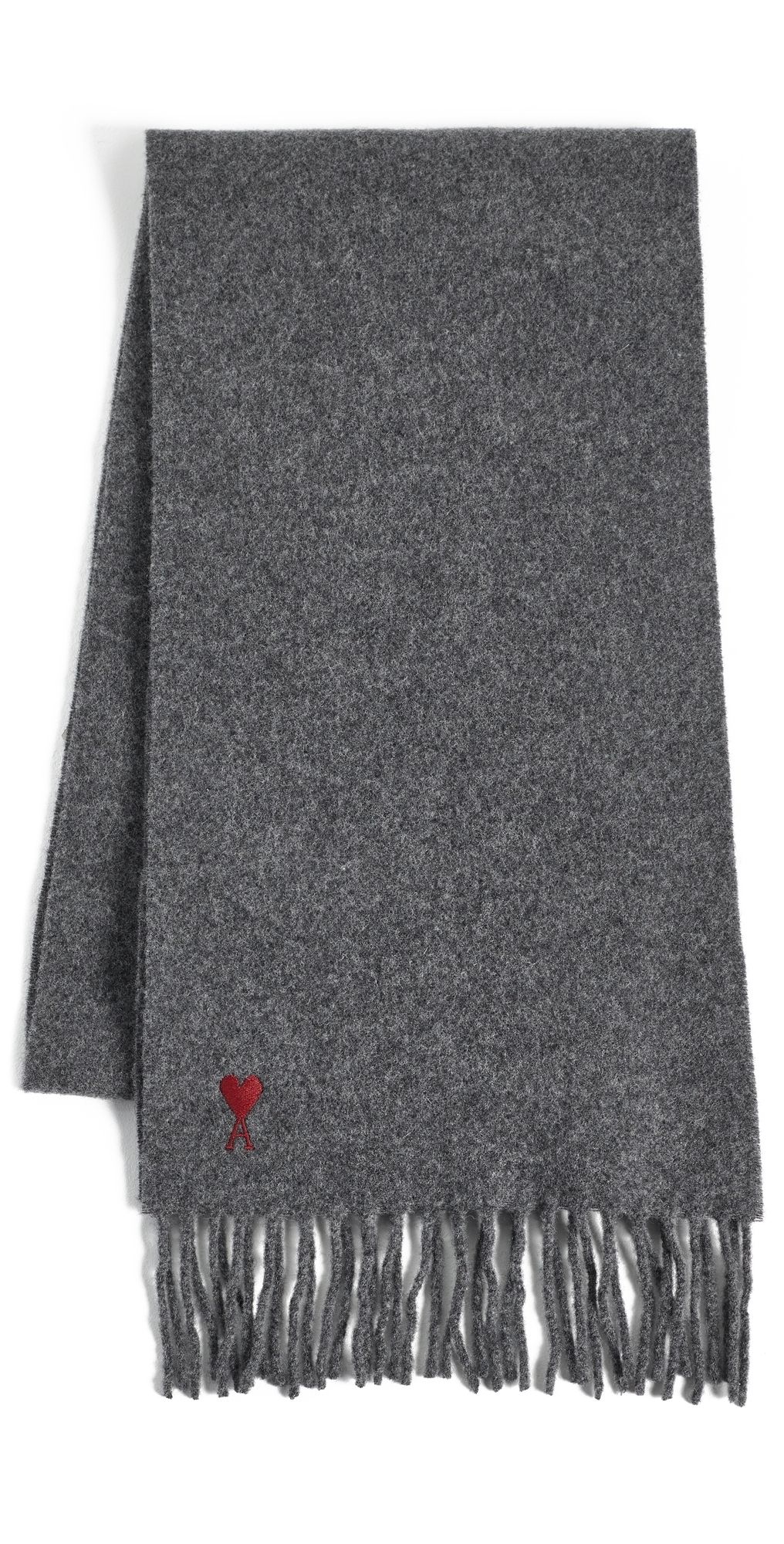 AMI Quota Wool Scarf with Red Ami De Coeur Embroidery Gris Carbone One Size