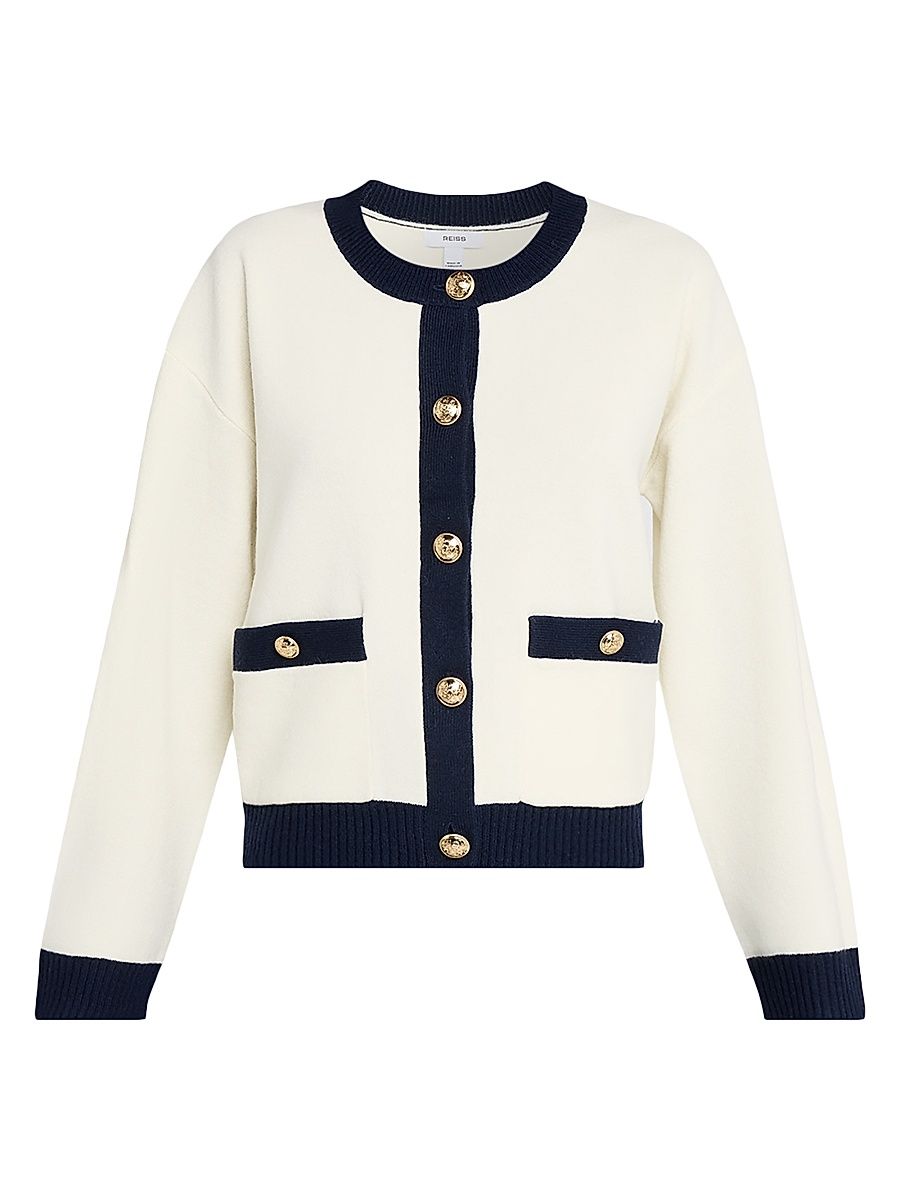 Women's Olive Cashmere-Blend Cardigan - Cream Navy - Size XL