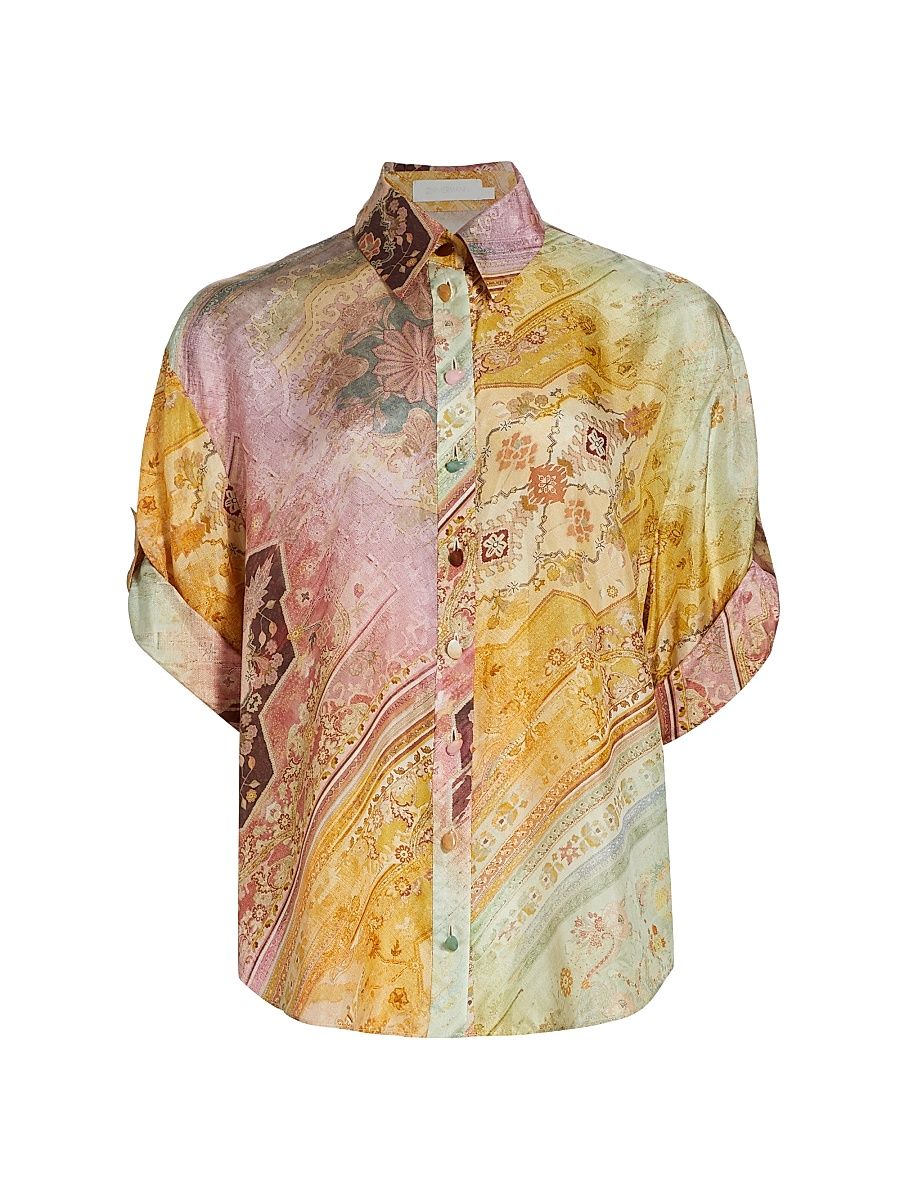 Women's Tallow Silk Printed Button-Down Shirt - Ombre Multi - Size 8