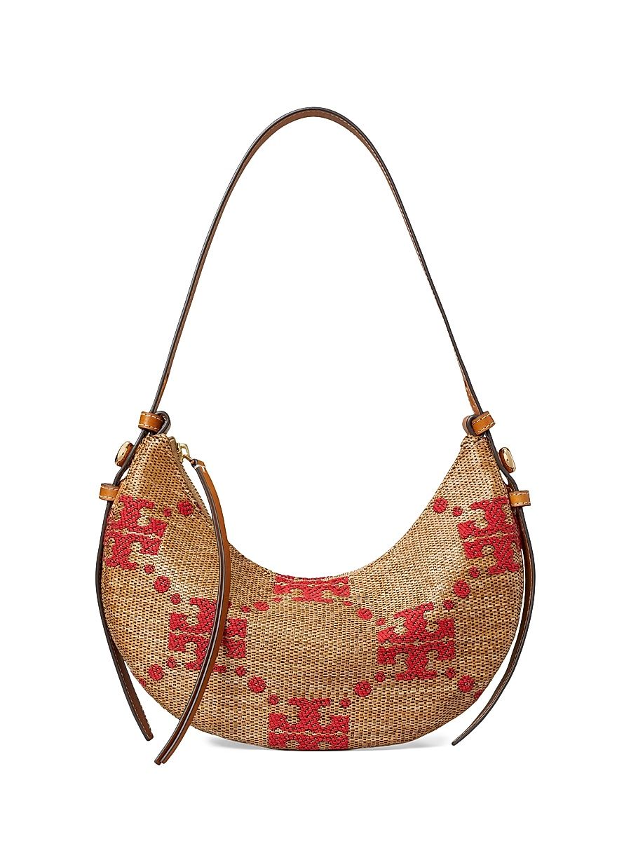 Women's T Monogram Romy Embroidered Straw Shoulder Bag - Natural