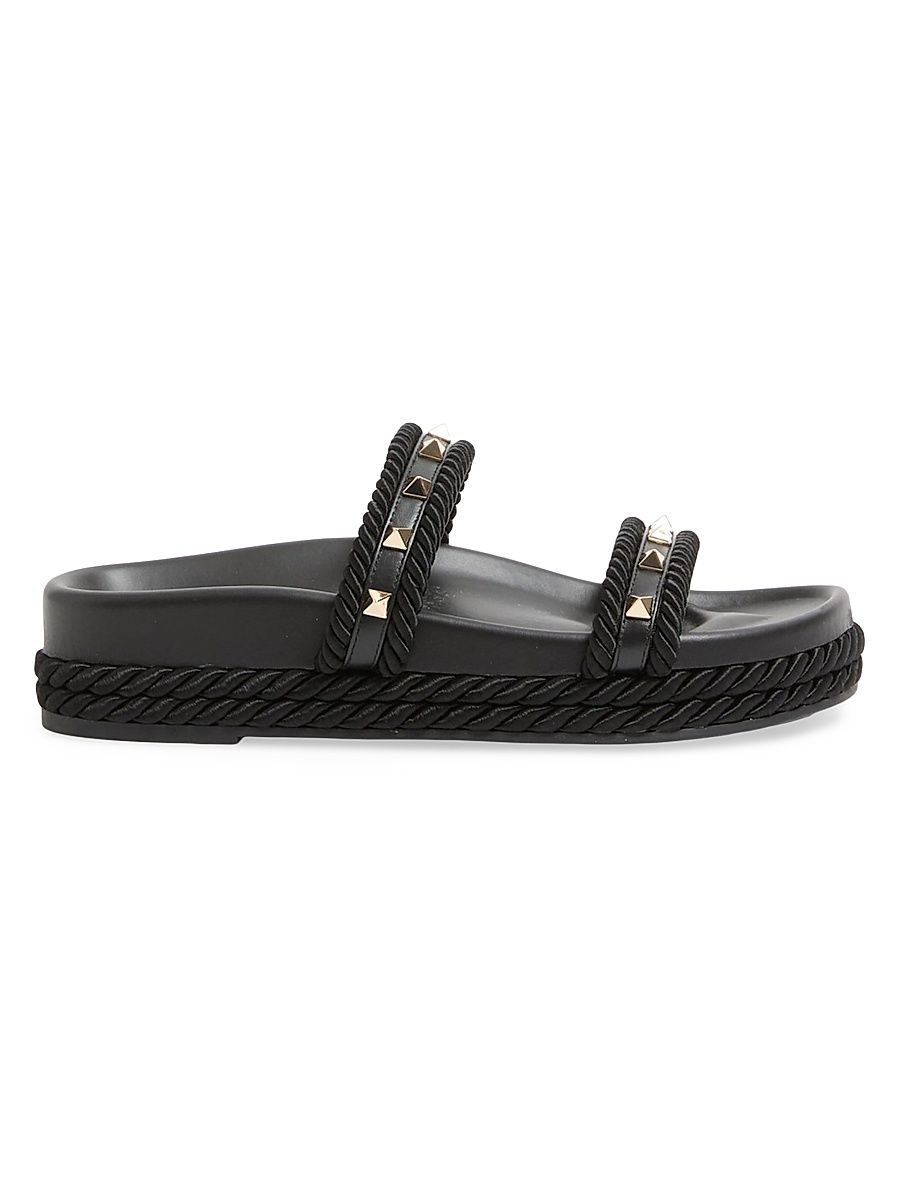 Women's Rockstud 20MM Slide Sandals in Calfskin - Black - Size 6