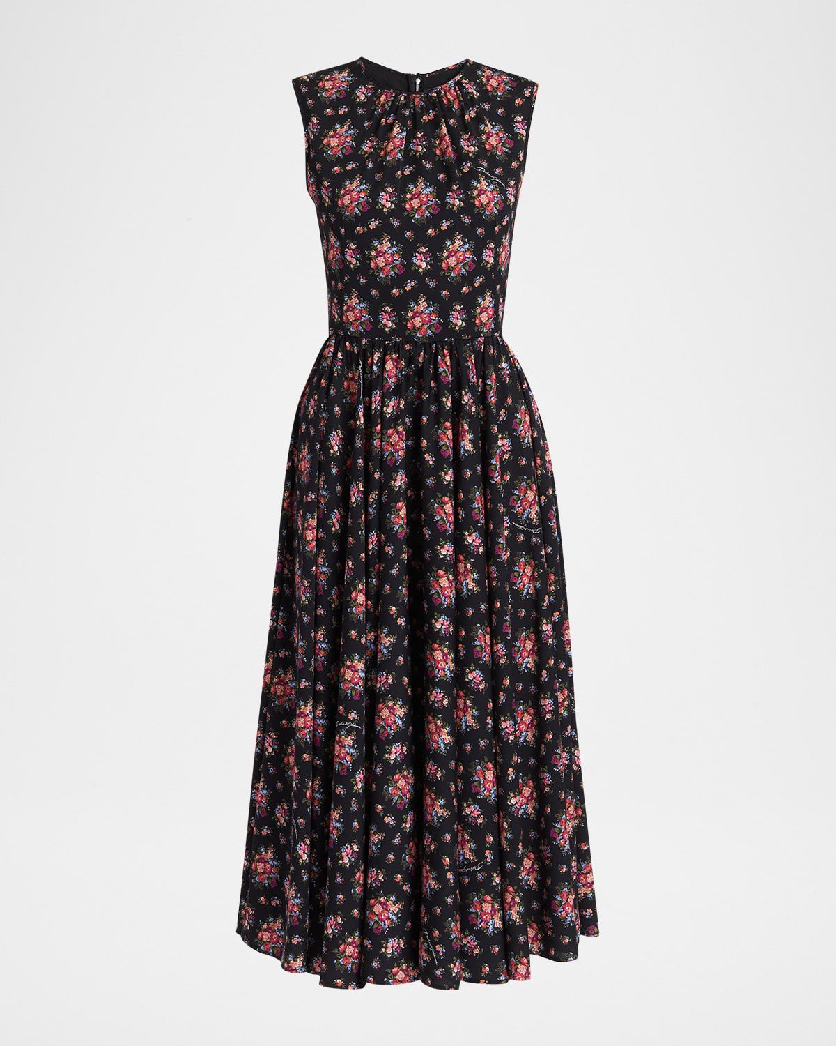 Small Rose Bouquets-Print Sleeveless Midi Dress