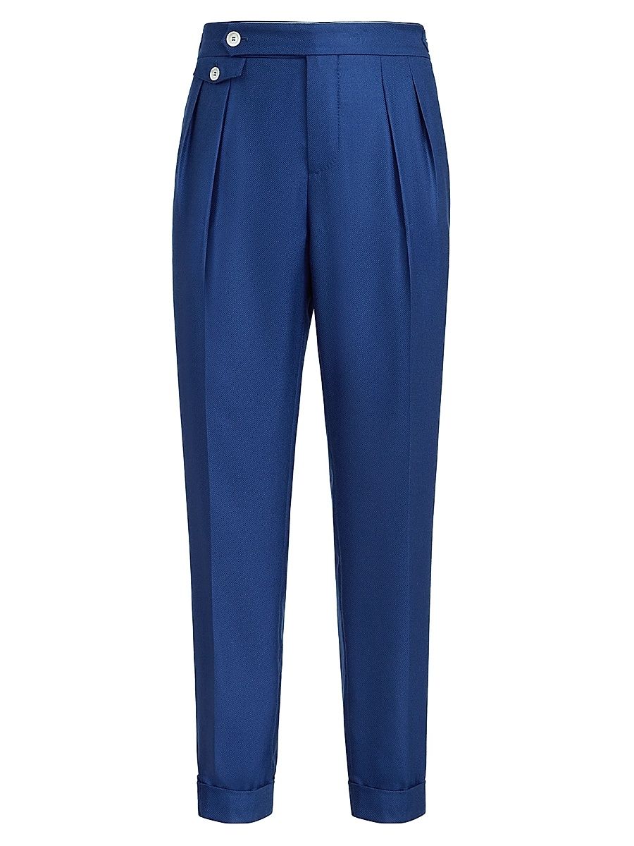 Men's Cashmere and Silk Diagonal Trousers with Double Pleats - Avio Blue - Size 40