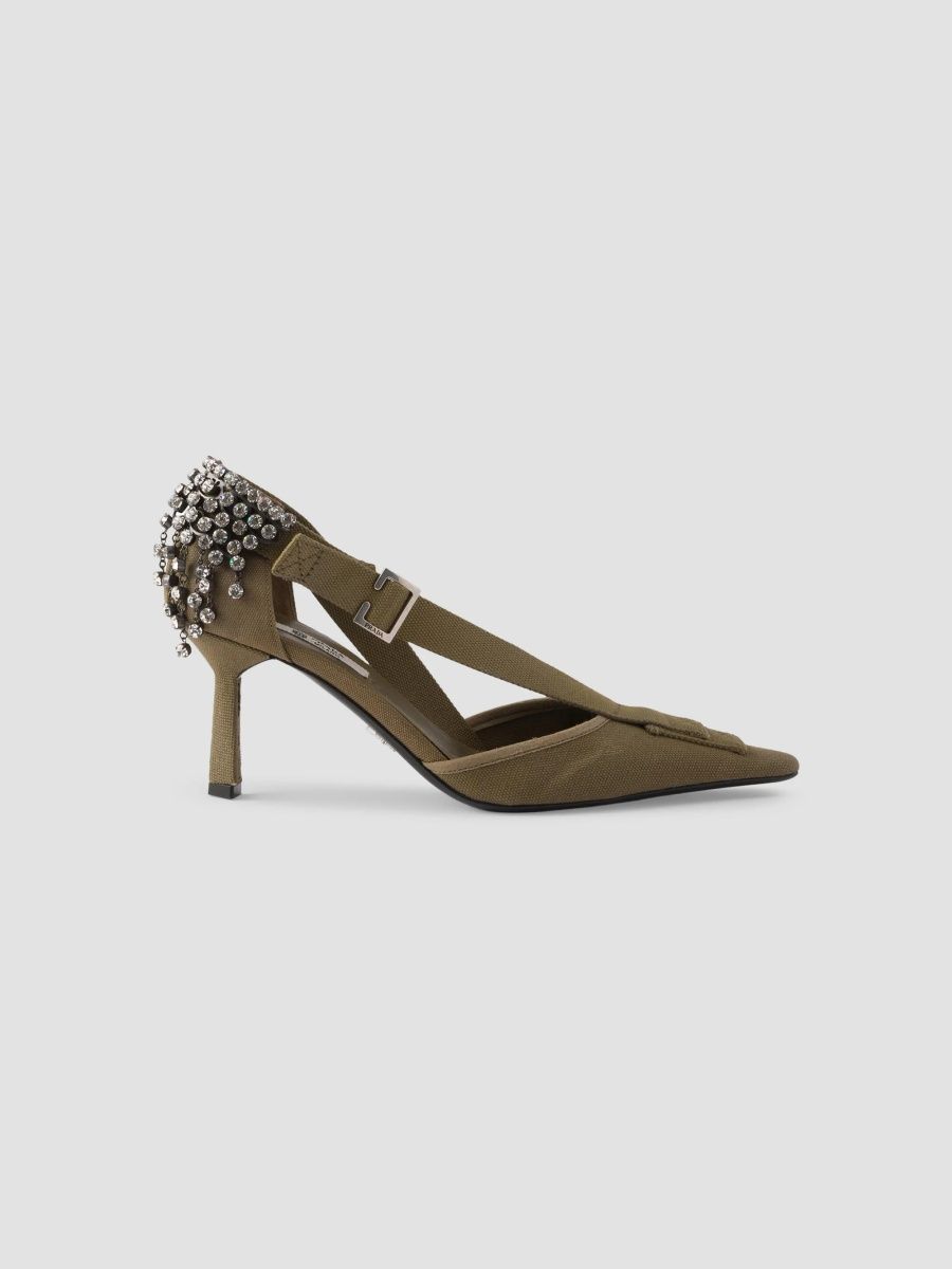 Prada Women's Canvas Pumps with Crystals - Khaki Green - Size 11.5