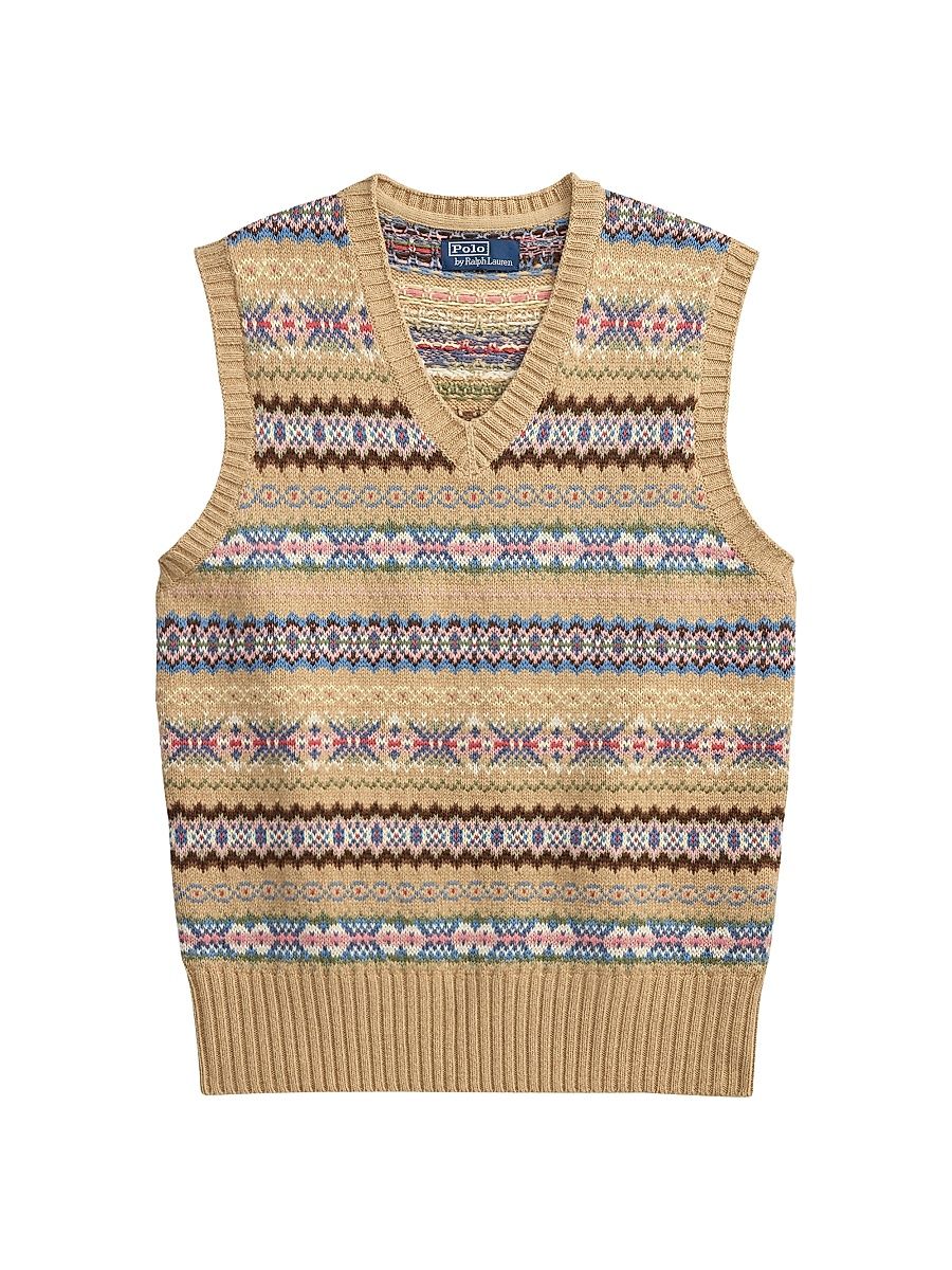 Men's Patterned Cotton-Wool Sleeveless Sweater - Tan Multi - Size XXL