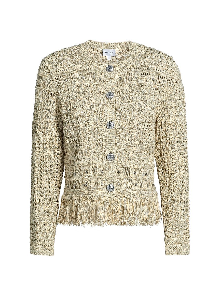 Women's Beaded Fringe Knit Cardigan Jacket - Beige Multi - Size XL