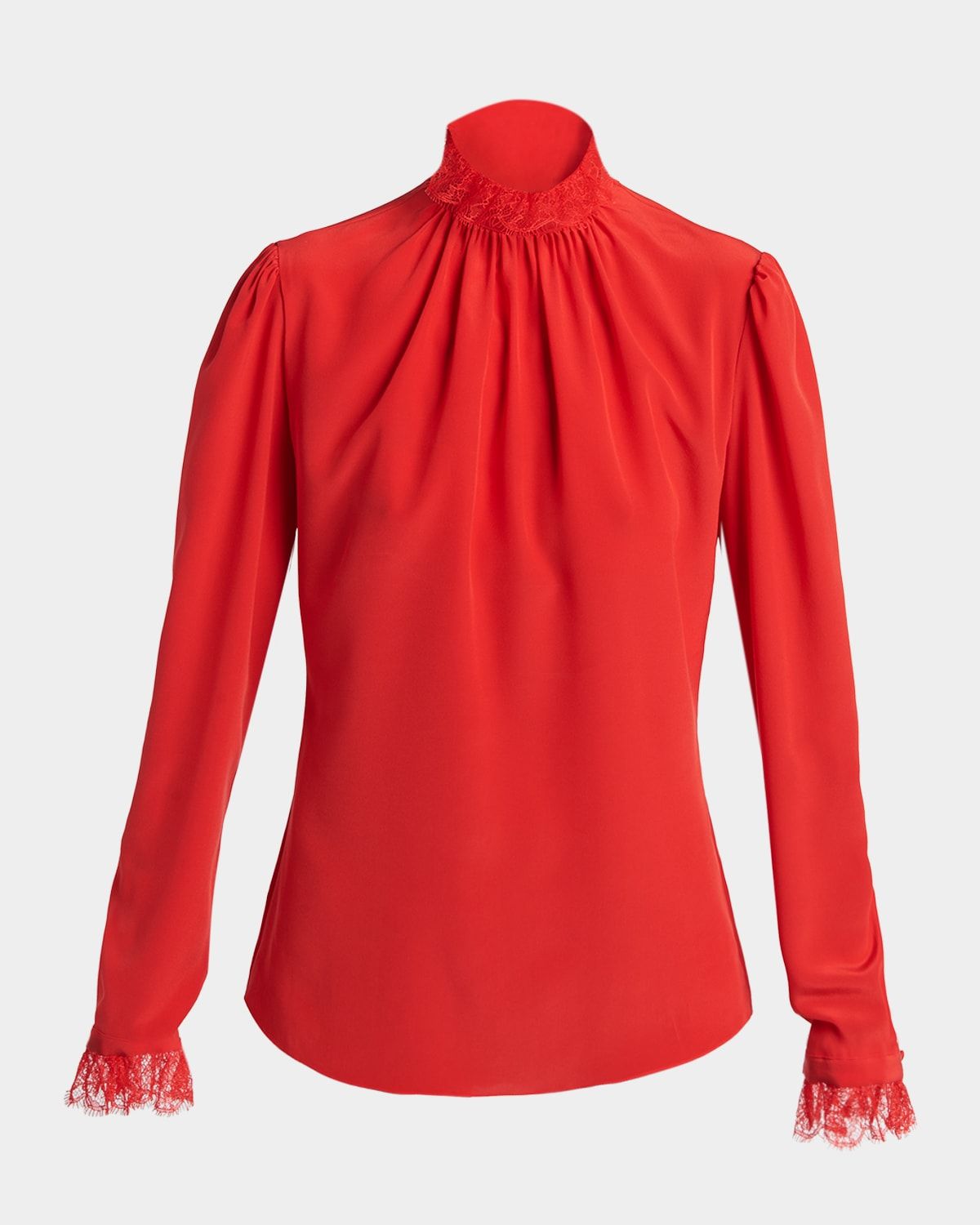 Lace Ruffle-Neck Long-Sleeve Silk Top