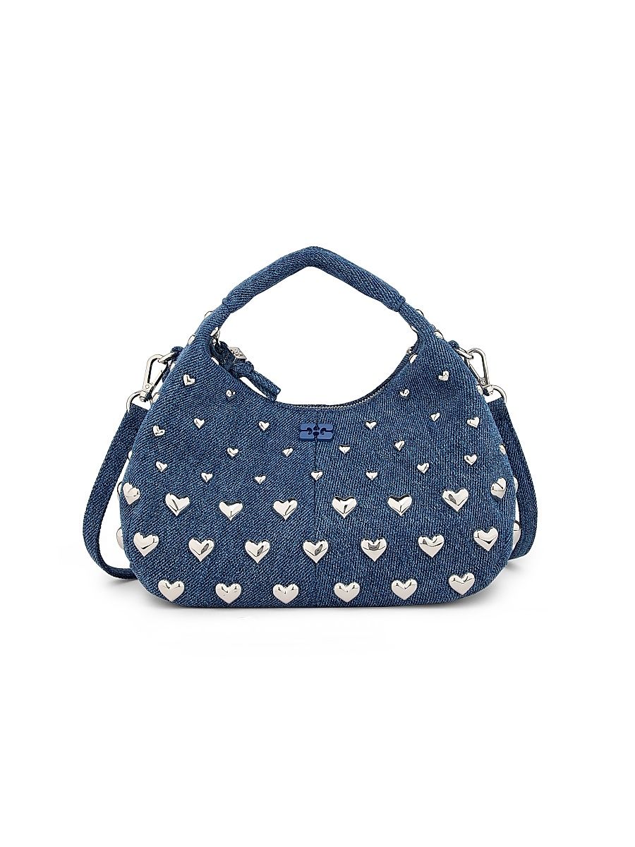Women's Mini Heart Stud Denim Hobo Bag - Navy Peony