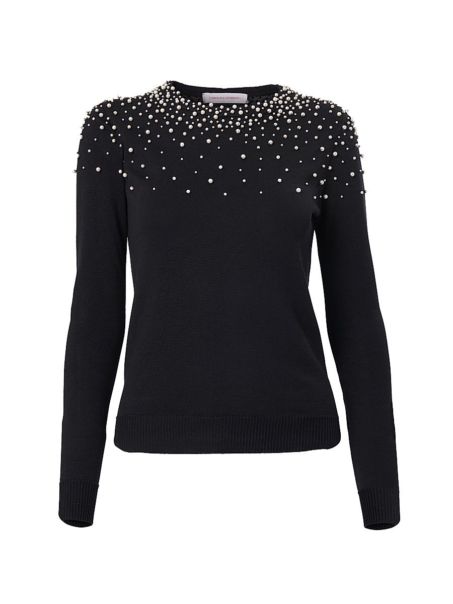 Women's Imitation Pearl-Embellished Silk-Cotton Sweater - Black White - Size Medium
