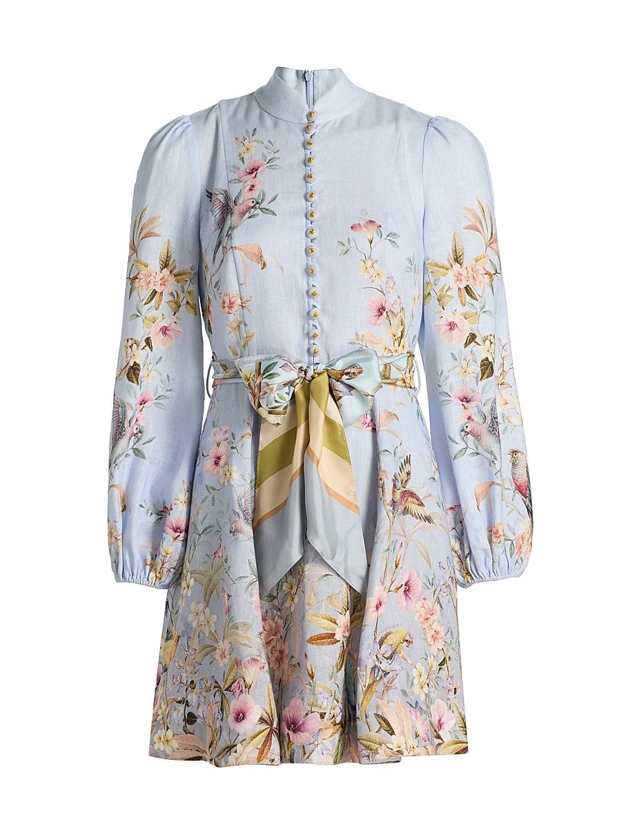 Women's Rebellion Floral Tie-Waist Linen Minidress - Blue Aviary - Size 10