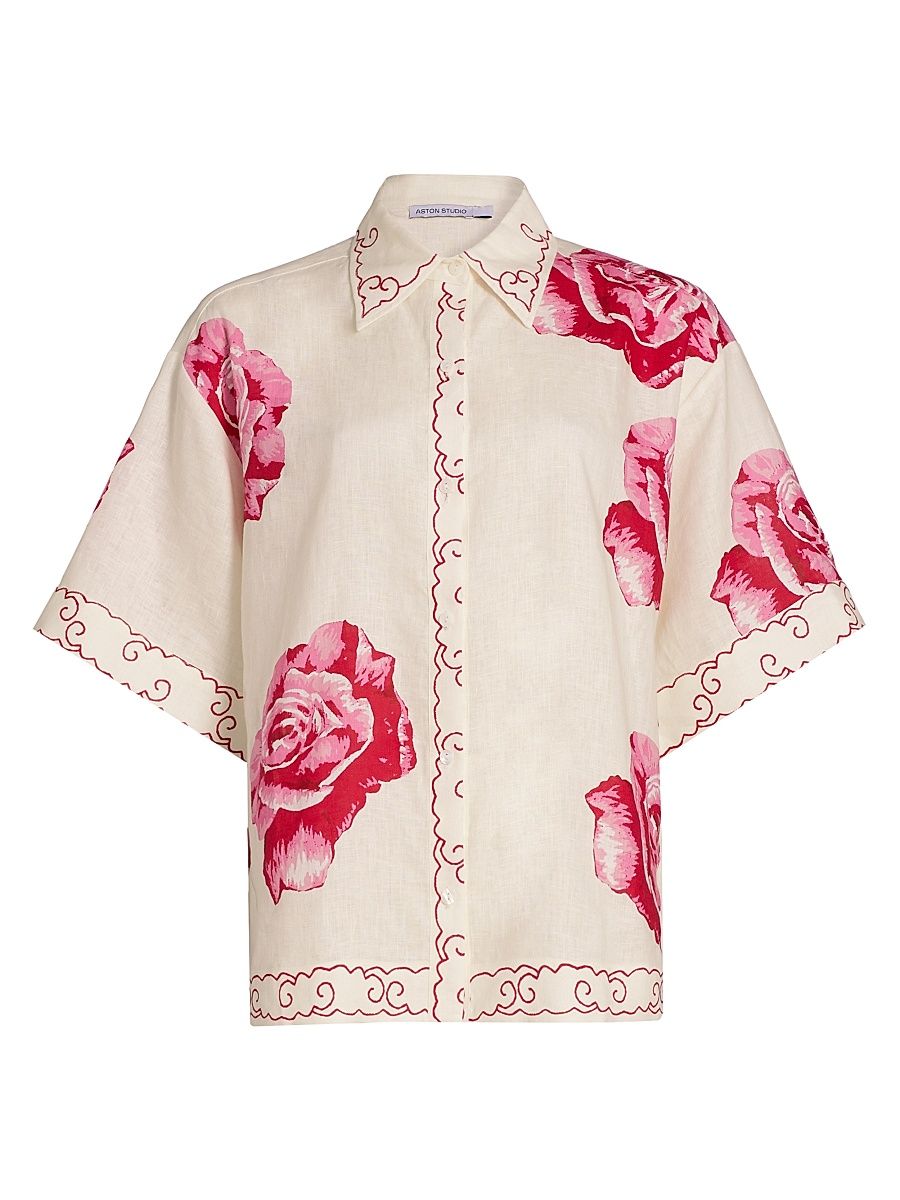 Women's Le Champ Remy Floral Linen Shirt - Antique Rose - Size 10
