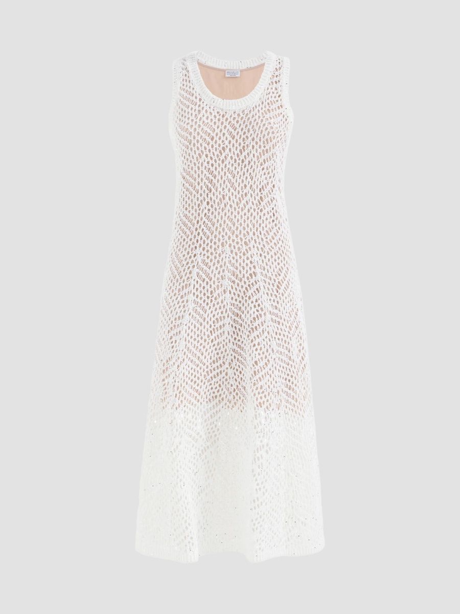 Brunello Cucinelli Women's Dazzling Abstract Leaf Knit Dress in Linen - White - Size XL