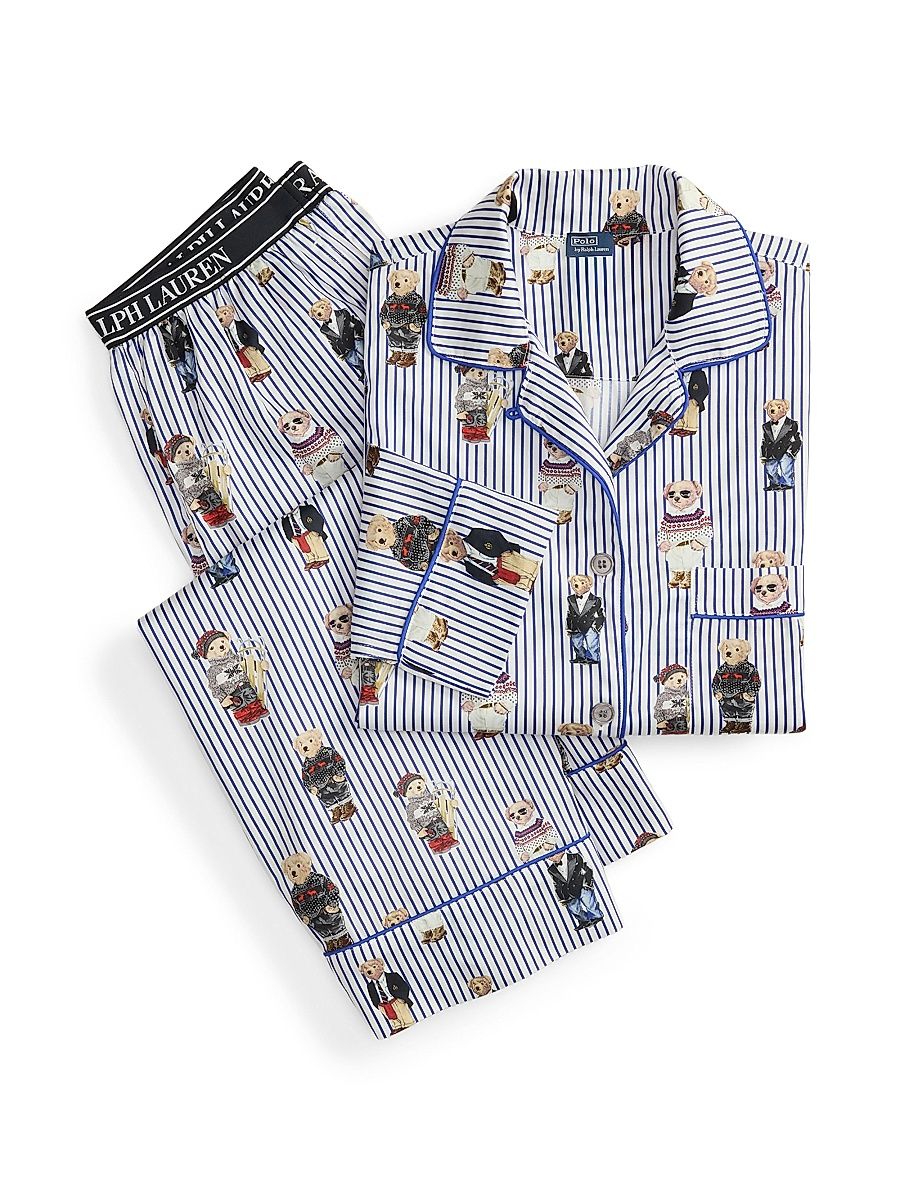 Women's Madison Teddy Bear Stripe Pajama Set - Snowball Blue - Size Small