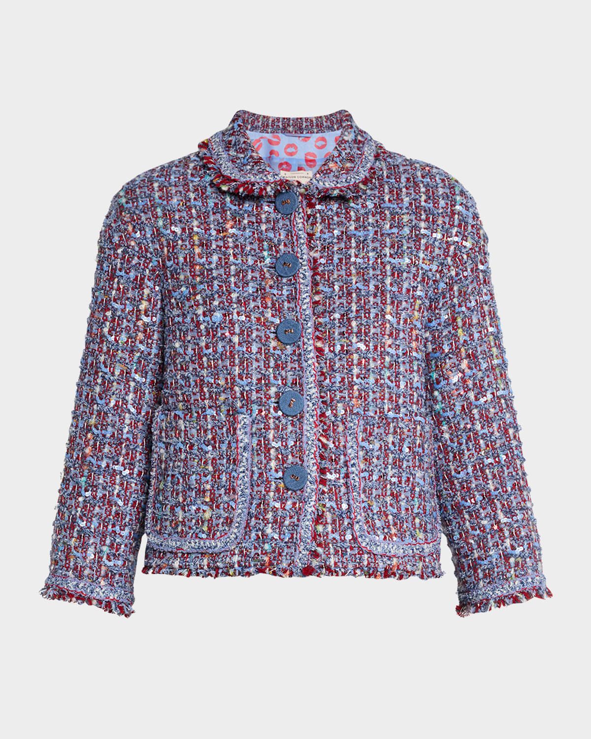 3/4-Sleeve Paillette Multi Tweed Caban Jacket