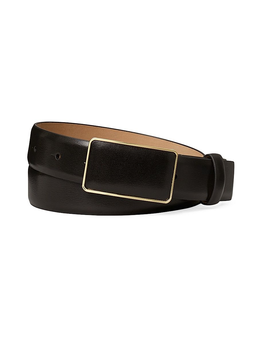 Women's Goldtone Plate Leather Belt - Black Gold - Size Medium