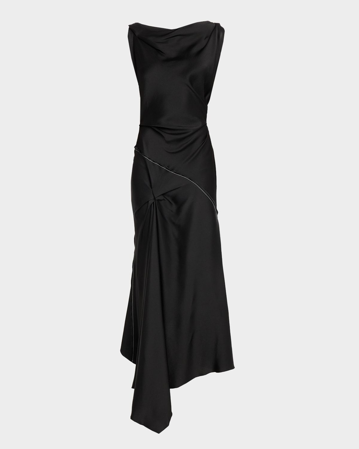 Asymmetric Draped Sleeveless Satin Midi Dress